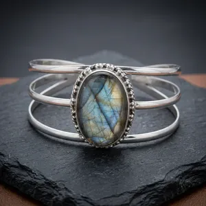 Pure 925 Sterling Silver Blue Fire Labradorite Cuff Bracelet Natural Gemstone Bezel Set Statement Jewelry For Women EverydayWear - Product Image 4