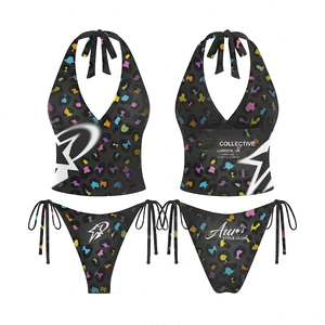 Ensemble de bikini halter pour femme, 220 GSM, polyester et élasthanne, extensible et doux, bleu marine, rose, logo sublimé, pour maillot de bain - Product Image 6