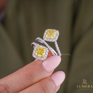 แหวนหมั้นเพชรทรงคุชชั่นสีเหลืองแฟนซีสำหรับผู้หญิง LUMERA ทองคำขาว วงแหวนคู่ สไตล์คลาสสิก รับรองโดย IGI - Product Image 5