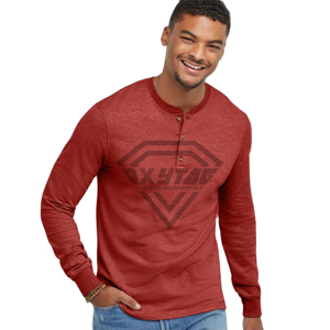 Camiseta Henley de Manga Larga Personalizada para Hombre, Mezcla de Algodón, Tejido Slub, Color Rojo Jaspeado, con Botones, Fabricante de Ropa Oxytag - Product Image 1