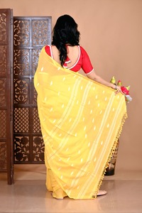Sari en coton jaune avec chemisier rouge, tenue traditionnelle indienne pour femme, décontracté, longueur au sol, toutes saisons, séchage rapide, extensible, sans plis - Product Image 2