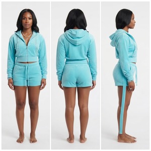Women's Color Block Hoodie and Shorts Set Long Sleeve Knitted Two <b>Piece</b> Tracksuit - Product Image 4