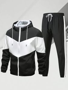 Black White Color Block Tracksuit Hooded Jacket Set Drawstring Jogger <b>Pants</b> Sportswear Uniform - Product Image 2