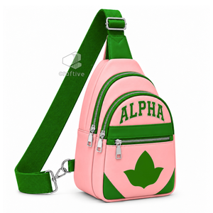 Alpha | Kapa | Alpha Sorority Pink <b>Green</b> Color Block PU Leather Crossbody Bag Adjustable Strap Multi-compartment Sling <b>Backpack</b> - Product Image 2