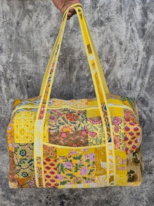 Handmade Floral Patchwork Duffel <b>Bag</b> <b>Yellow</b> Large Capacity Travel Weekender Textile Zipper Closure - Product Image 3