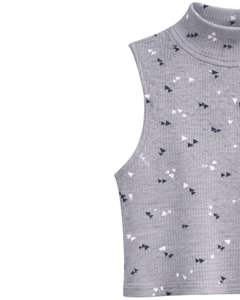Top Corto Personalizado Gris Acanalado de Cuello Alto Sin Mangas con Estampado de Mini Triángulos para Mujer, Ajustado, Elástico, Casual y a la Moda - Product Image 2