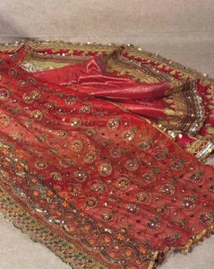 Vintage Red Velvet Ball Gown High Neck Full Sleeve Embroidered Floral Floor-Length <b>Dress</b> With Belt And Tassels - Product Image 4