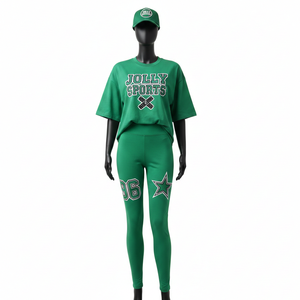 Ensemble femme de haute qualité : t-shirt en coton 200 GSM et legging extensible en spandex vert avec logo brodé et impression par transfert thermique. - Product Image 2