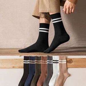 Chaussettes de sport côtelées pour hommes, respirantes, absorbant la transpiration, rayées, décontractées, pour le bureau, chaussettes longues côtelées rayées en coton - Product Image 3