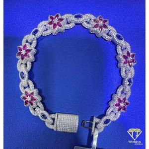 Luxury Floral Lab Grown <b>Bracelet</b> with Ruby <b>Red</b> Marquise Cut Stones and Blue Oval Accents Fully Iced Out Diamond Look Jewelry - Product Image 3