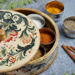 Traditional wooden printed <b>spice</b> box with artistic design Premium wooden printed <b>spice</b> box for <b>spice</b> <b>storage</b> kitchen decor - Product Image 2