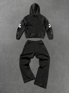 Survêtement à coupe évasée en tissu éponge, style patchwork, épais, avec appliqué vieilli et délavé, effet délavé à l'acide, brodé de strass, avec sweat à capuche court zippé - Product Image 2