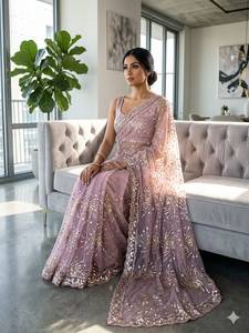 Collection de saris en tulle pour mariage, sari en tulle souple premium brodé avec des perles cutdana lourdes, matière pour le haut assorti. - Product Image 3