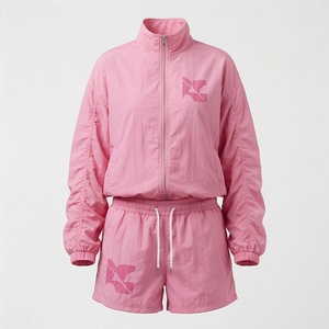 <b>Pink</b> Women's 2 Piece Sporty <b>Tracksuit</b> <b>Set</b> With Zipper Stand Collar Shorts Above Knee Loose Fit Breathable Polyester Spring - Product Image 1