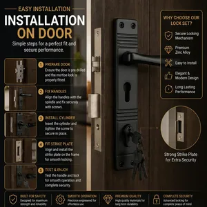 KELLTON Premium Zinc Alloy Mortise Door <b>Lock</b> Set Black Lever Handle with Cylinder Keys Rust Resistant Ambidextrous Modern Design - Product Image 6