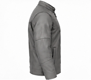 Chaqueta de Cuero PU Gris para Hombre, Estilo Motero, Cuello Alto, Cierre de Cremallera, Corte Ajustado, para Otoño - Product Image 4