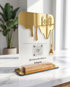 Clear <b>Acrylic</b> Modern Vertical Countertop Logo <b>Mirror</b> Social Media Business QR Code Sign Stand Plaque with Wooden Base - Product Image 5
