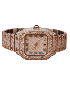 Montre de luxe unisexe à boîtier carré, mouvement à quartz ETA, analogique, avec chiffres romains, verre saphir, en acier inoxydable, sertie de moissanites VVS taillées - Product Image 1