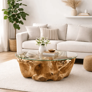 Mesa de Centro de Raíz de Teca Natural con Tapa de Vidrio Templado, Madera de Teca Sólida, Estilo Rústico de Lujo, Mesa de Centro Única para Sala de Estar - Product Image 4