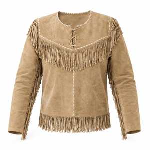 Chaqueta de gamuza color canela para hombre con flecos, cuello redondo con cordones, manga larga, estilo occidental, para otoño. - Product Image 2