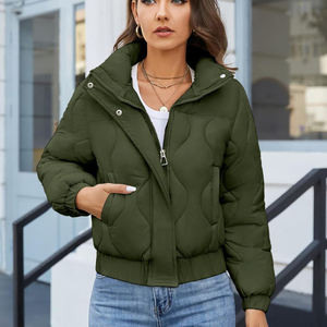 Women's <b>Cropped</b> Quilted <b>Puffer</b> <b>Jacket</b> Stand Collar Zip Snap Button Padded Bubble Coat Winter Outerwear Wholesale - Product Image 3