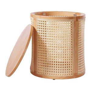 Panier à linge en rotin naturel tressé à la main avec cadre en bois, panier de rangement rond pour vêtements, organisateur rustique pour la maison et le salon - Product Image 1