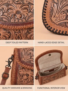 Vintage Western Genuine Leather Messenger Bag Floral Embossed Crossbody <b>Purse</b> Shoulder Handbag Polyester Lining RFID Protection - Product Image 3