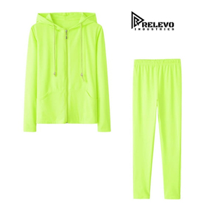 Casual Lightweight Sweatsuit for Men & Women, Neon Green 2 Piece, Hooded Zipper Jacket & <b>Joggers</b> Set, Unisex Streetwear - Product Image 1