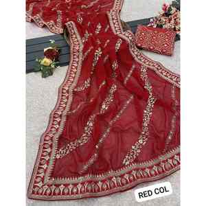 DISEÑADOR GEORGETTE CODIFICACIÓN SECUENCIA ZARI BORDADO TRABAJO SAREE CON BLUSA DESECHADA ROJA - Product Image 1