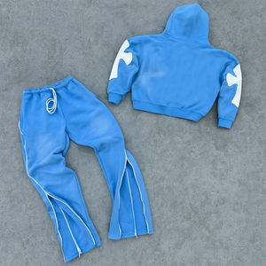 Conjunto de Sudadera con Capucha y Pantalones de Chándal Acampanados Personalizados, 100% Algodón, 2 en 1, con Lavado Ácido, Apliques, Parches y Bordados, Estilo Desgastado - Product Image 2