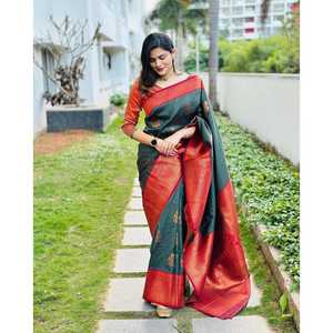 TRADICIONAL BANARASI ZARI TRABAJO SAREE CON BLUSA DESCOSADA VERDE - Product Image 1