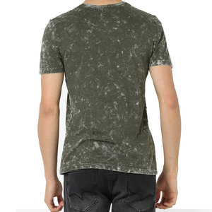 Men's Short Sleeve O-Neck <b>Patchwork</b> T-<b>Shirt</b> Regular Fit Washed Cotton Casual Style Green with Pattern - Product Image 2