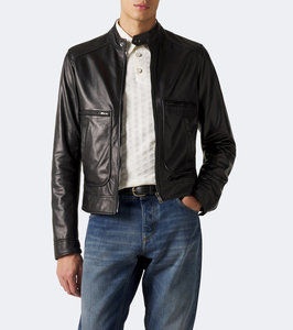 Blouson moto homme en cuir véritable noir, col montant, fermeture éclair, coupe ajustée, style automne, design personnalisé, fournisseur en gros - Product Image 2