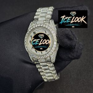 Montre de luxe pour femme ICE LOOK en acier inoxydable, cadran rond de 40 mm, affichage analogique à quartz, date, bracelet serti de diamants, fermoir pliant - Product Image 4
