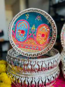 Handcrafted <b>Elephant</b> Palace German Silver <b>Decorative</b> Tray Handmade Iron Round Serving Tray Luxury Rajasthani Art Display Platter - Product Image 4