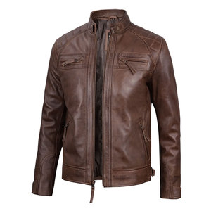 Blouson en cuir marron pour homme, style motard, café racer, avec motif, coupe ajustée, vêtement d'extérieur pour moto - Product Image 2