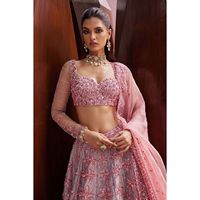 Most Beautiful Pink <strong>A</strong>-<strong>Line</strong> Lehenga Choli with Long Sleeve Trending Thread Embroidery Crop <strong>Top</strong> Natural Waistline Heera Creation