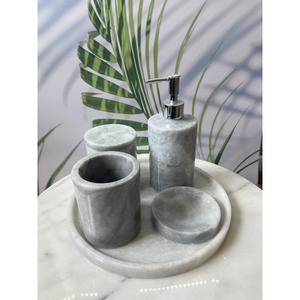 Juego de baño de mármol en oferta, 4 piezas, dispensador de jabón redondo minimalista, soporte para cepillos de dientes, bandeja fácil de limpiar - Product Image 1