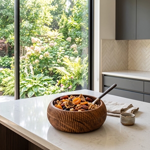 Ensemble d'ustensiles de cuisine artisanaux en bois de teck massif de qualité alimentaire, bol sculpté, plat, bassin texturé artisanal balinais, vaisselle de service - Product Image 4