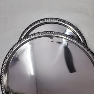 Juego de bandejas redondas minimalistas de acero inoxidable pulido con borde de cuerda trenzada, bandejas apilables de varios tamaños - Product Image 6