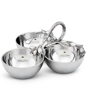 Elegante Tazón para Aperitivos de 3 Secciones en Plata con Asa Decorativa de Rama de Olivo, Recipiente Metálico Decorativo para Nueces y Dulces para el Hogar y Hoteles - Product Image 1