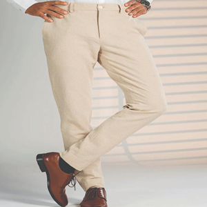 Pantalon chino beige coupe droite pour homme avec poches latérales, en coton mi-lourd, décontracté, à braguette boutonnée, collection printemps - Product Image 3