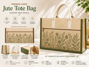 Bolsa de Yute Grande con Diseño Botánico Laminado Premium, Asas Dobles, Bolsillo Frontal con Cremallera, Ecológica, para Bodas y Exposiciones - Product Image 6