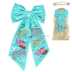 Pink Beaded Satin Hair Bow for Girls Embroidered Tennis Racket and Ball Design for Sports Cheer Wedding Party Accessory - Product Image 4