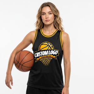 Maillot de basket-ball personnalisé sublimé noir et jaune en mesh, débardeur unisexe adulte respirant en polyester avec impression de logo sur le devant - Product Image 3