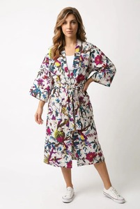 Wholesaler Manufacturer Cotton Bath Robe Beach Kimono Dressing Gown <b>Cardigan</b> Floral Butterfly V-neck Drawstring Closure Quick - Product Image 2