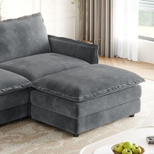 Divano a U in Tessuto Corduroy a 3 Posti, Seduta Profonda Oversize, 2 Poggiapiedi Mobili, Comodo Divano Cloud per Soggiorno - Product Image 4
