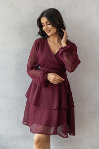 Elegante Vestido Midi Cruzado de Gasa Borgoña con Bordado, Manga Larga, Cuello en V, Ajustado, Estilo Otoñal, Hermoso Vestido de Fiesta - Product Image 5
