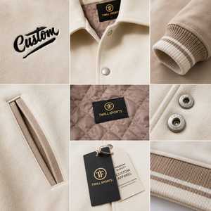 Veste universitaire personnalisée pour homme en laine/polyester beige avec lettres brodées sur le devant, col rabattable, décontractée, coupe-vent pour l'hiver - Product Image 5