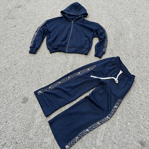 Custom Men's 100% Cotton Heavyweight <b>Thermal</b> Winter Vintage Streetwear <b>Tracksuits</b> Rhinestone Zip-Up Hoodies - Product Image 6